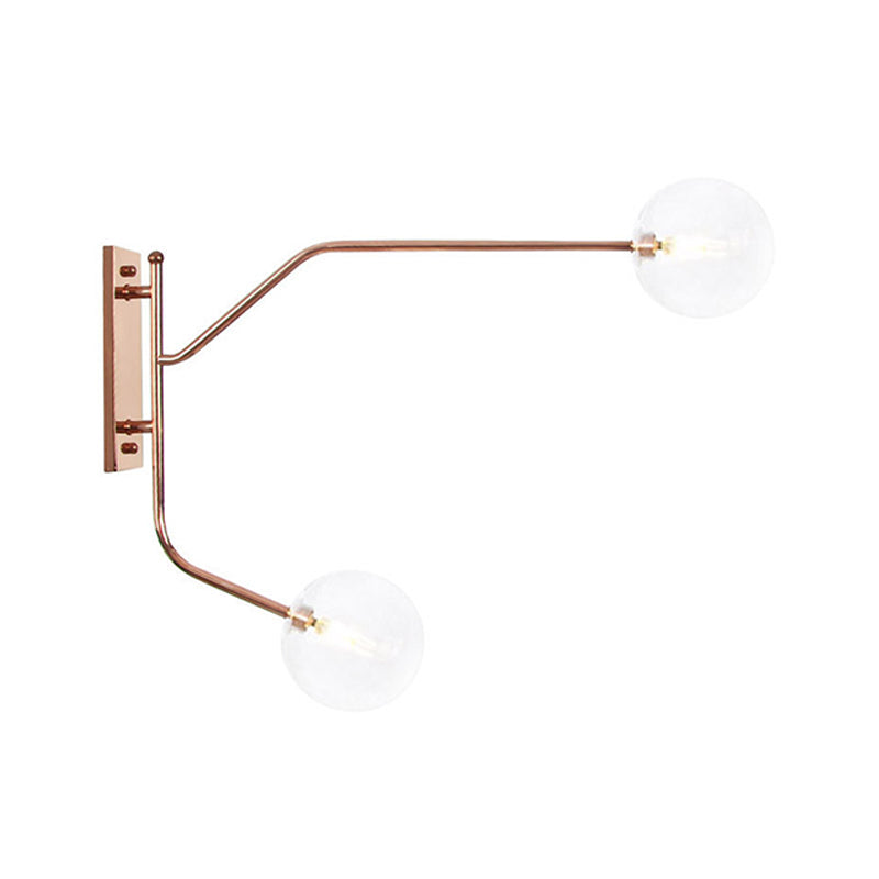 Iron Rose Gold Wall Reading Light Branching 2 Bulbs Industrial Wall Lamp Fixture with Gem/Ball Clear/Smoke Glass Shade