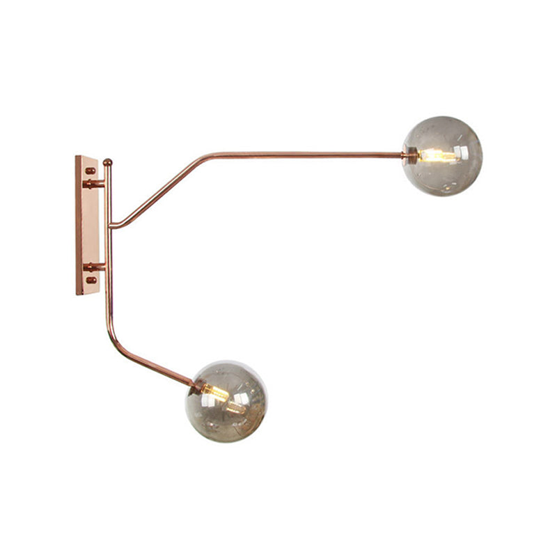 Iron Rose Gold Wall Reading Light Branching 2 Bulbs Industrial Wall Lamp Fixture with Gem/Ball Clear/Smoke Glass Shade