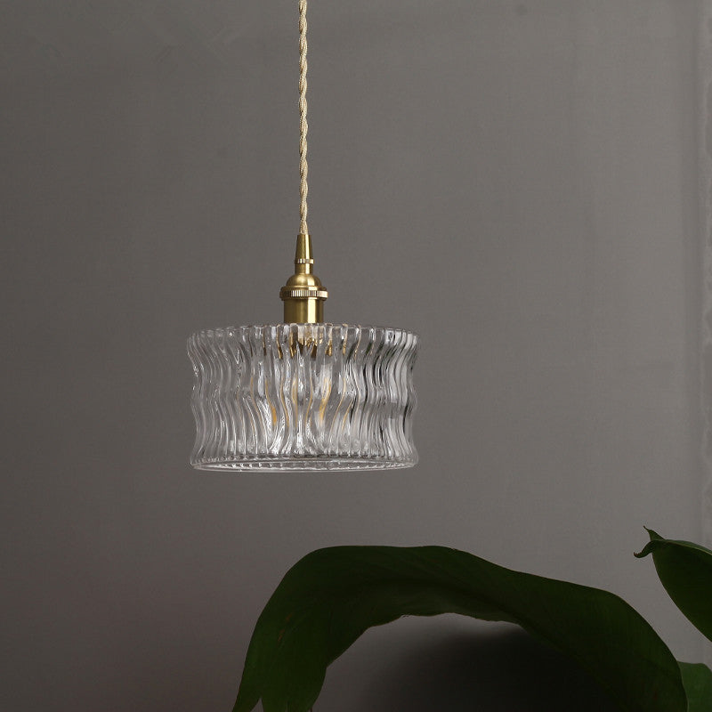 Cylindrical Sitting Room Pendant Lamp Antique Clear Ribbed Glass Single Gold Ceiling Light