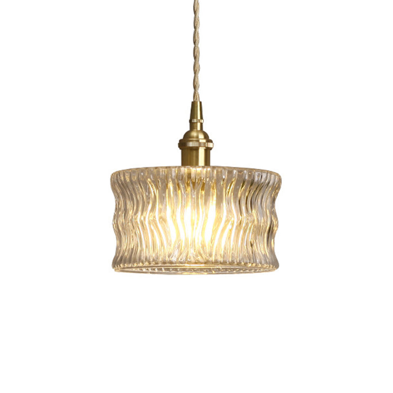 Cylindrical Sitting Room Pendant Lamp Antique Clear Ribbed Glass Single Gold Ceiling Light