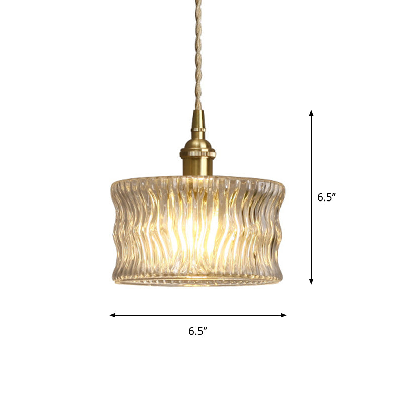 Cylindrical Sitting Room Pendant Lamp Antique Clear Ribbed Glass Single Gold Ceiling Light
