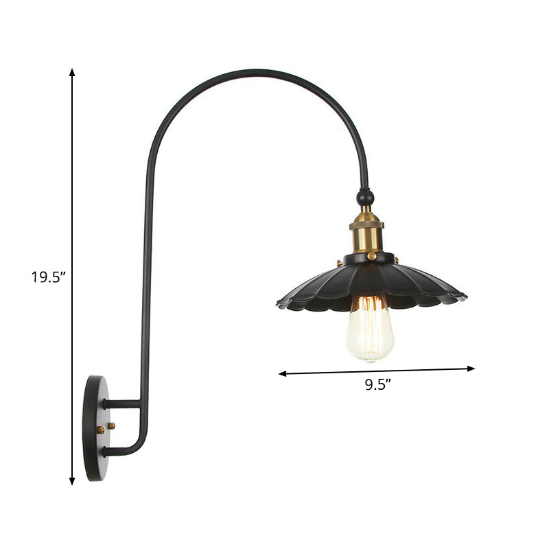 Iron Barn/Bowl/Scalloped Wall Light Kit Vintage 1 Bulb Bedside Reading Wall Lamp with Swooping Arm in Black