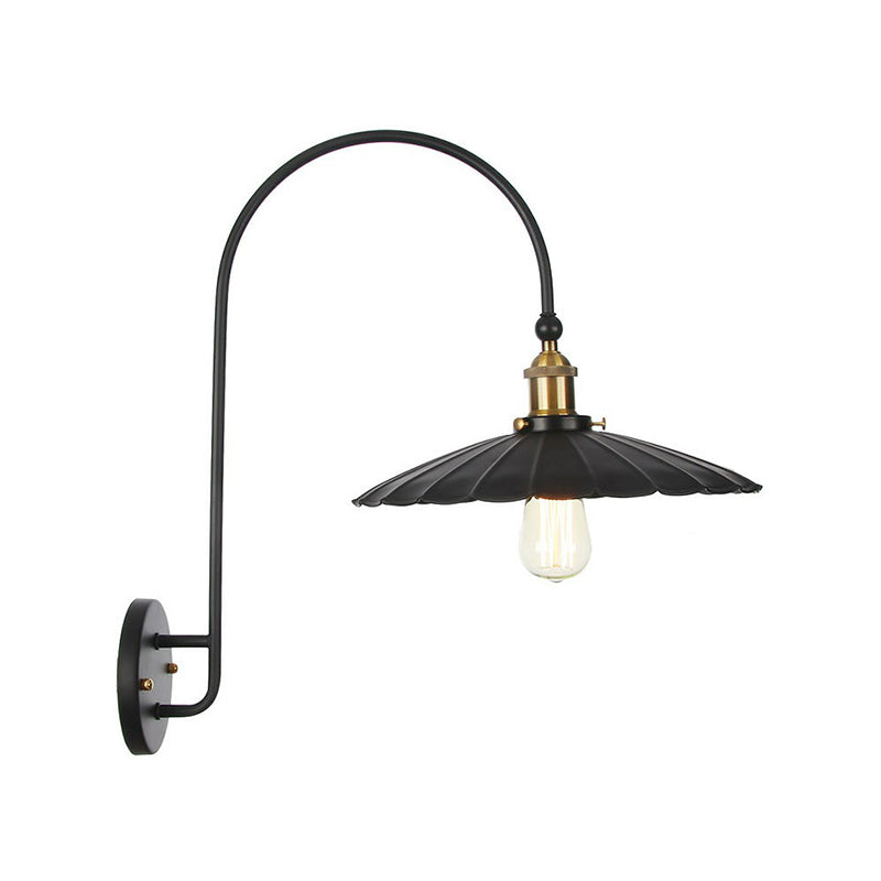 Iron Barn/Bowl/Scalloped Wall Light Kit Vintage 1 Bulb Bedside Reading Wall Lamp with Swooping Arm in Black