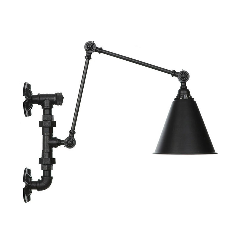 Cone/Flared Living Room Wall Lamp Fixture Industrial Iron 1-Light Black Rotatable Wall Light with Water Pipe Bracket