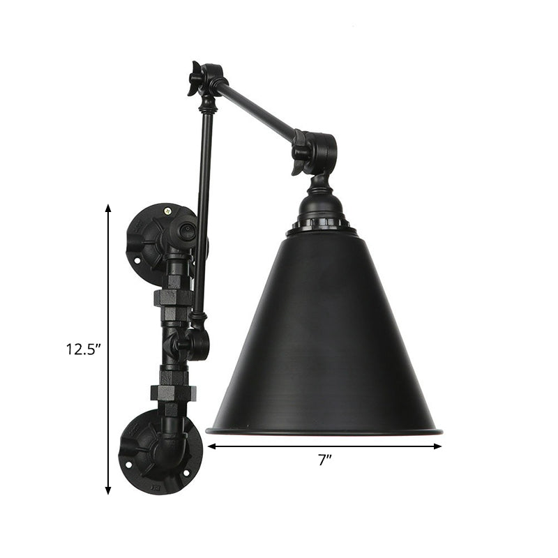 Cone/Flared Living Room Wall Lamp Fixture Industrial Iron 1-Light Black Rotatable Wall Light with Water Pipe Bracket