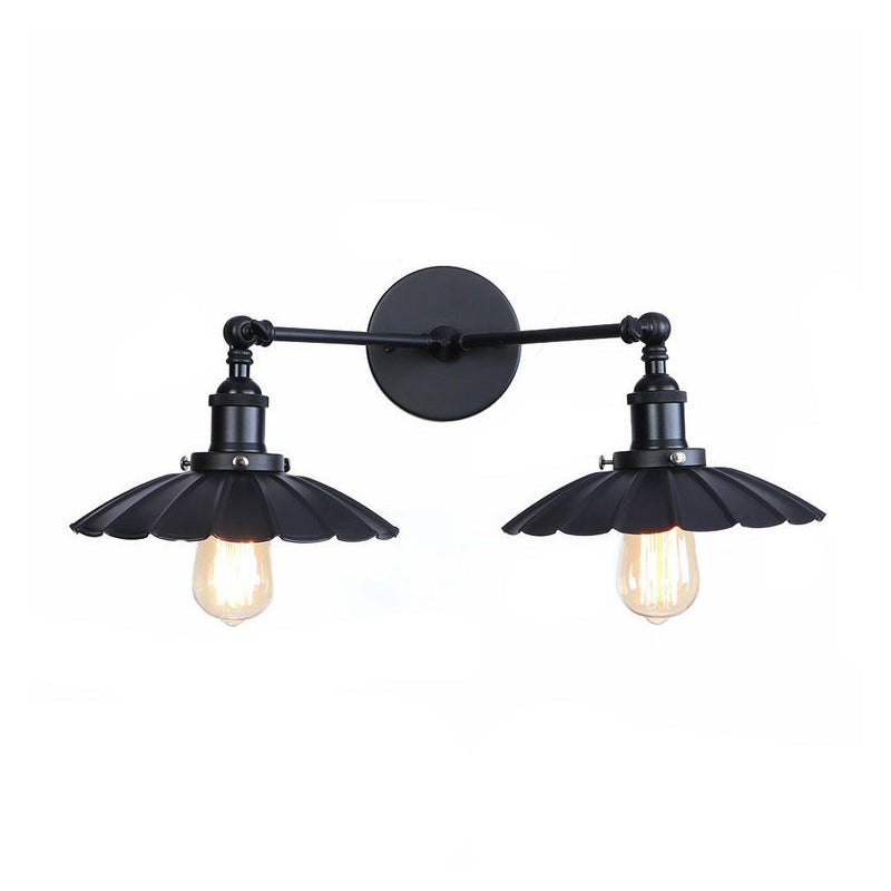 2 Lights Wall Mount Fixture Retro Conical/Scalloped Pivot Shade Metal Wall Lamp in Black for Bathroom