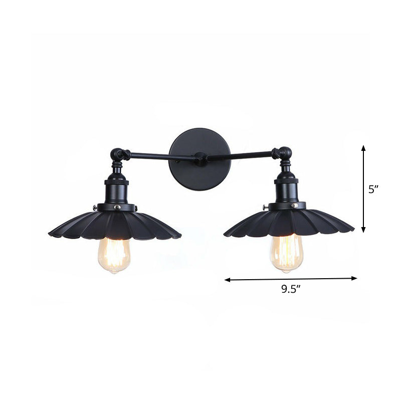 2 Lights Wall Mount Fixture Retro Conical/Scalloped Pivot Shade Metal Wall Lamp in Black for Bathroom