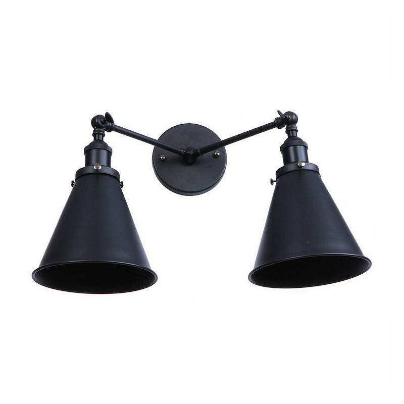 2 Lights Wall Mount Fixture Retro Conical/Scalloped Pivot Shade Metal Wall Lamp in Black for Bathroom