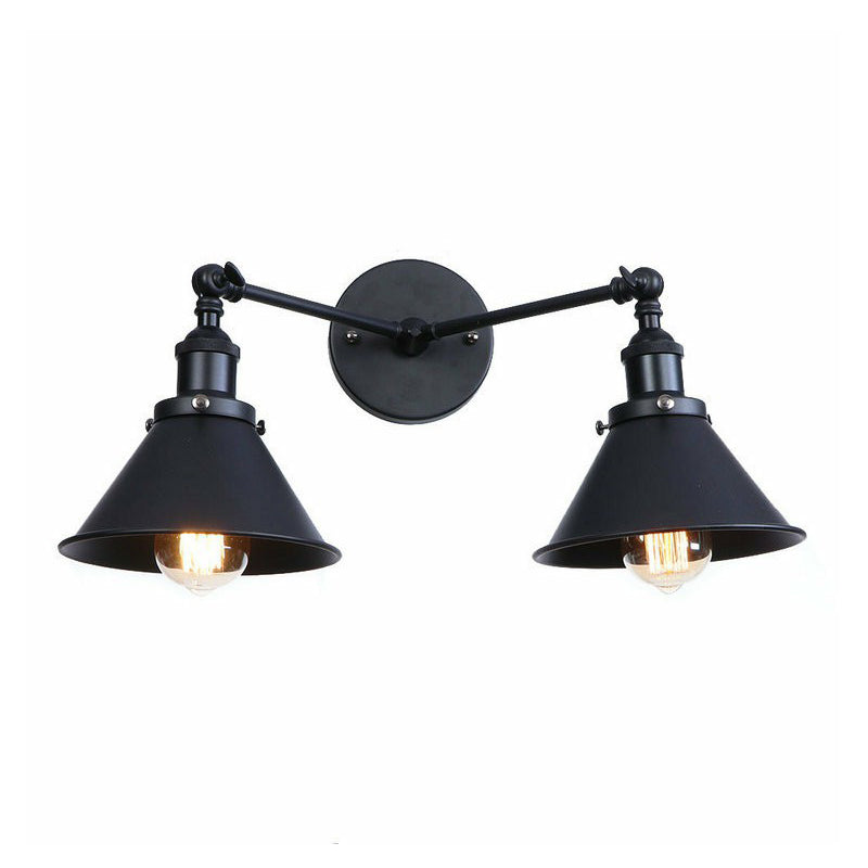 2 Lights Wall Mount Fixture Retro Conical/Scalloped Pivot Shade Metal Wall Lamp in Black for Bathroom