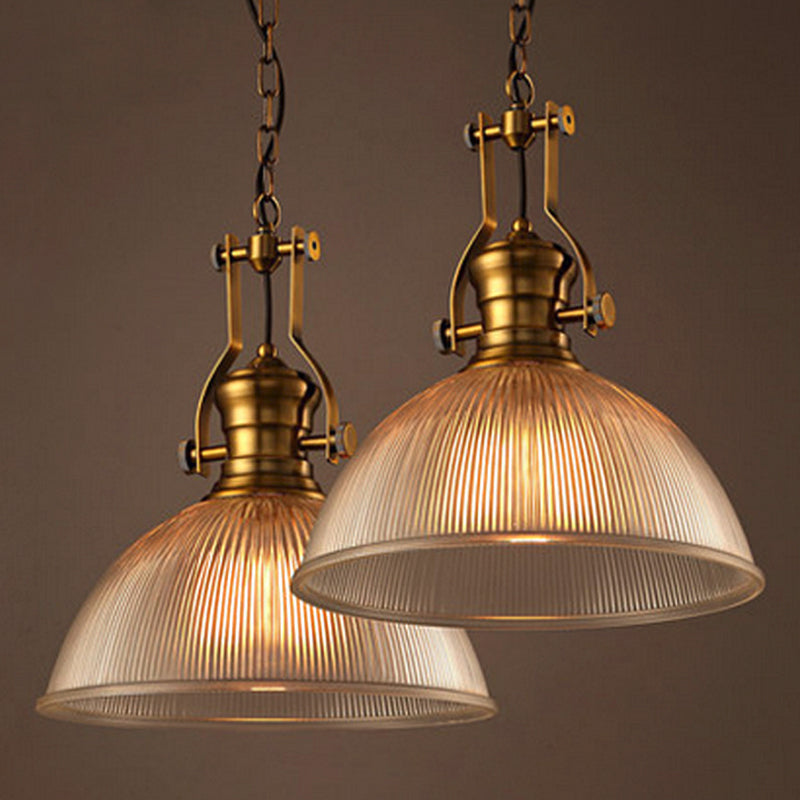 Brass Finish Bowl Pendant Lighting Warehouse Clear Ribbed Glass 1 Head 12"/15"/19.5" W Bistro Hanging Light with Handle