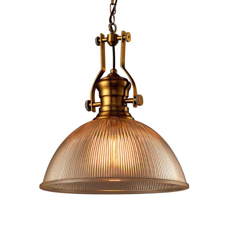 Brass Finish Bowl Pendant Lighting Warehouse Clear Ribbed Glass 1 Head 12"/15"/19.5" W Bistro Hanging Light with Handle