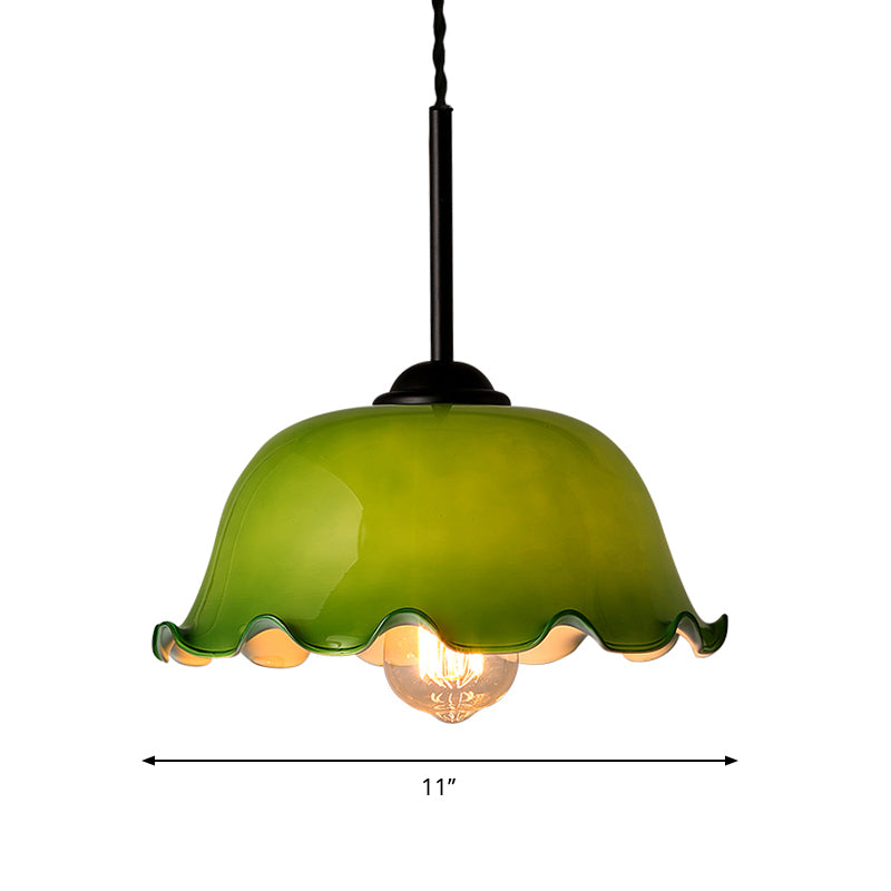 Single Green/White Glass Pendant Lighting Rustic Black Lettuce-Trim Bowl Living Room Ceiling Hang Lamp