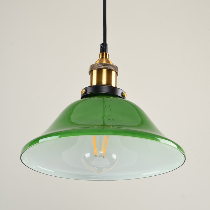 1-Light Carillon Suspension Pendant Vintage Brass Green Glass Hanging Light Fixture for Guest Room, 8"/10" Width