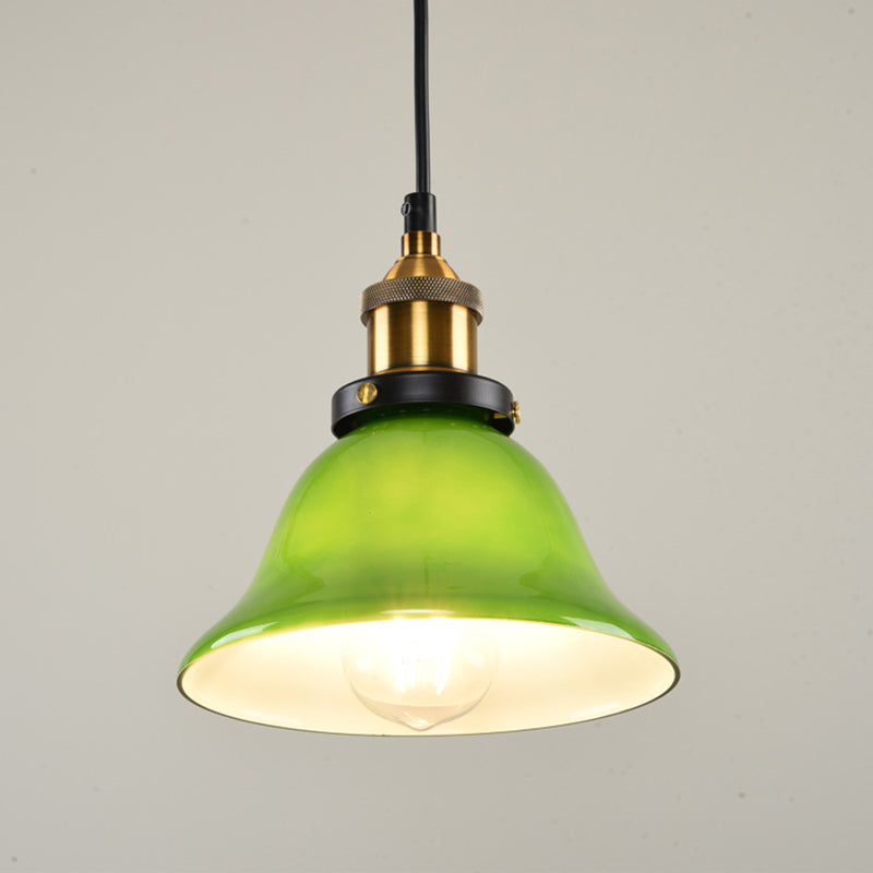1-Light Carillon Suspension Pendant Vintage Brass Green Glass Hanging Light Fixture for Guest Room, 8"/10" Width