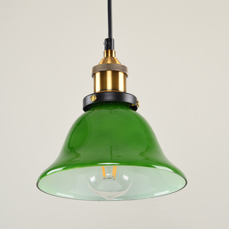 1-Light Carillon Suspension Pendant Vintage Brass Green Glass Hanging Light Fixture for Guest Room, 8"/10" Width