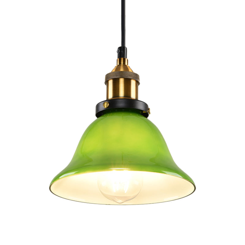 1-Light Carillon Suspension Pendant Vintage Brass Green Glass Hanging Light Fixture for Guest Room, 8"/10" Width