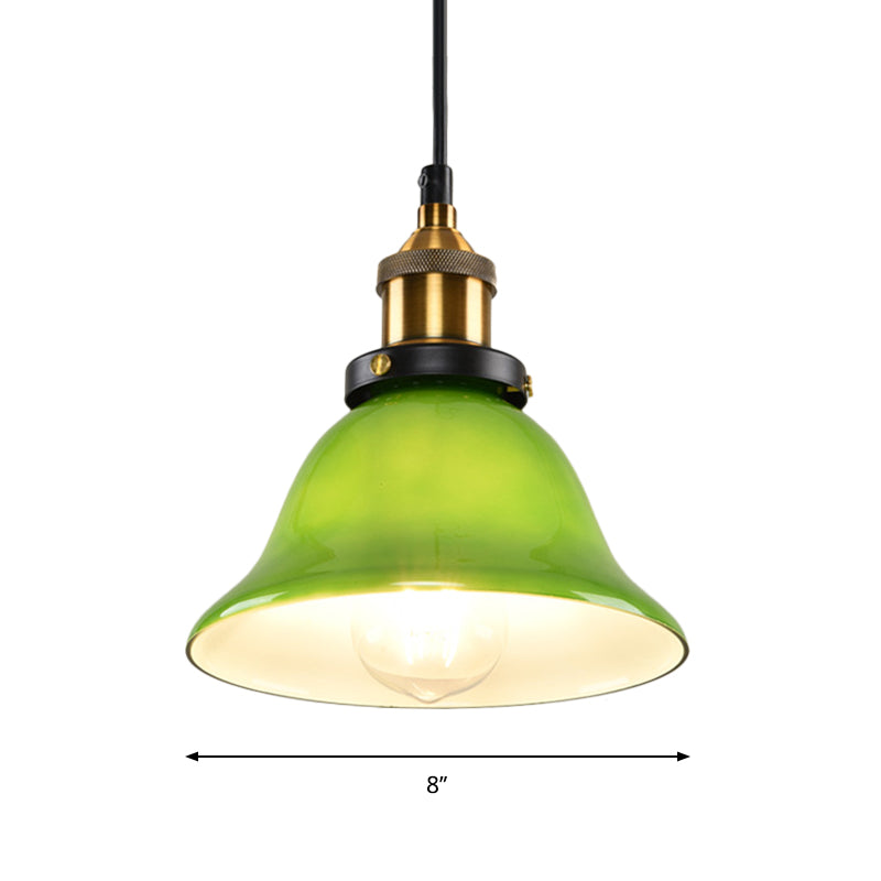 1-Light Carillon Suspension Pendant Vintage Brass Green Glass Hanging Light Fixture for Guest Room, 8"/10" Width