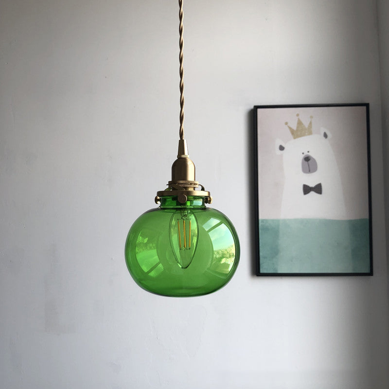 Oval Green/Blackish Green/Clear Glass Drop Pendant Retro 1 Head Dining Table Mini Hanging Light in Brass