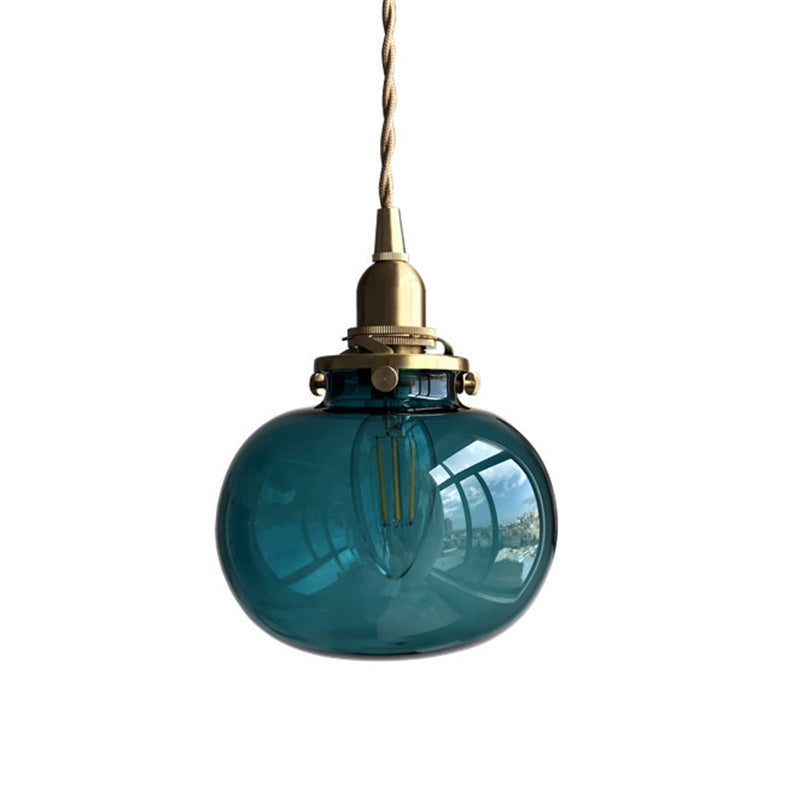 Oval Green/Blackish Green/Clear Glass Drop Pendant Retro 1 Head Dining Table Mini Hanging Light in Brass