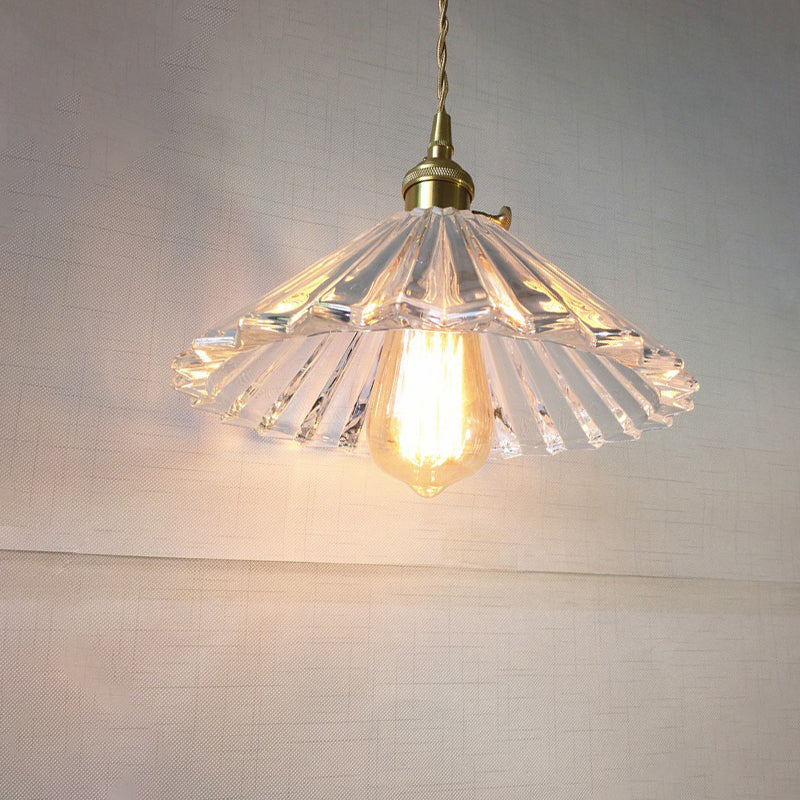 1-Light Ceiling Hang Lamp Antique Dining Room Pendant Light with Conic Clear Ribbed Glass Shade
