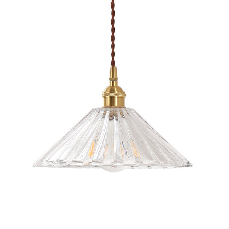 1-Light Ceiling Hang Lamp Antique Dining Room Pendant Light with Conic Clear Ribbed Glass Shade