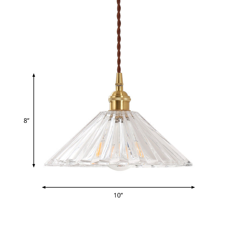 1-Light Ceiling Hang Lamp Antique Dining Room Pendant Light with Conic Clear Ribbed Glass Shade
