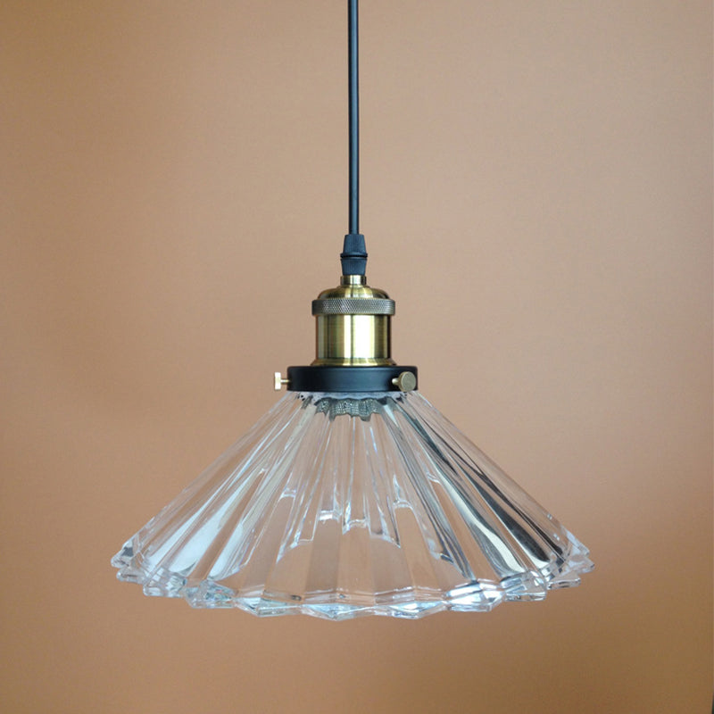 Conical Bedroom Small Suspension Lamp Rustic Clear Ribbed Glass Single Black Hanging Pendant Light