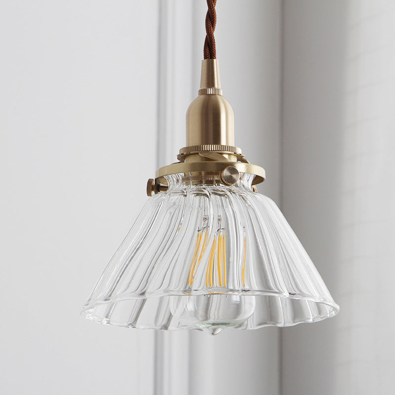 Clear Sleek/Ribbed Glass Brass Pendant Lamp Cone 1 Light Rustic Down Lighting for Dining Room