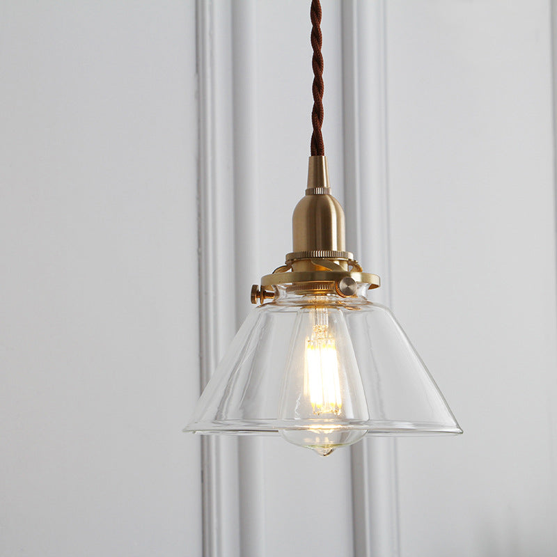 Clear Sleek/Ribbed Glass Brass Pendant Lamp Cone 1 Light Rustic Down Lighting for Dining Room