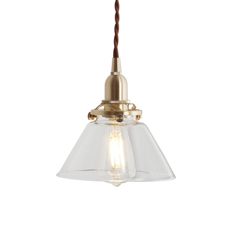 Clear Sleek/Ribbed Glass Brass Pendant Lamp Cone 1 Light Rustic Down Lighting for Dining Room