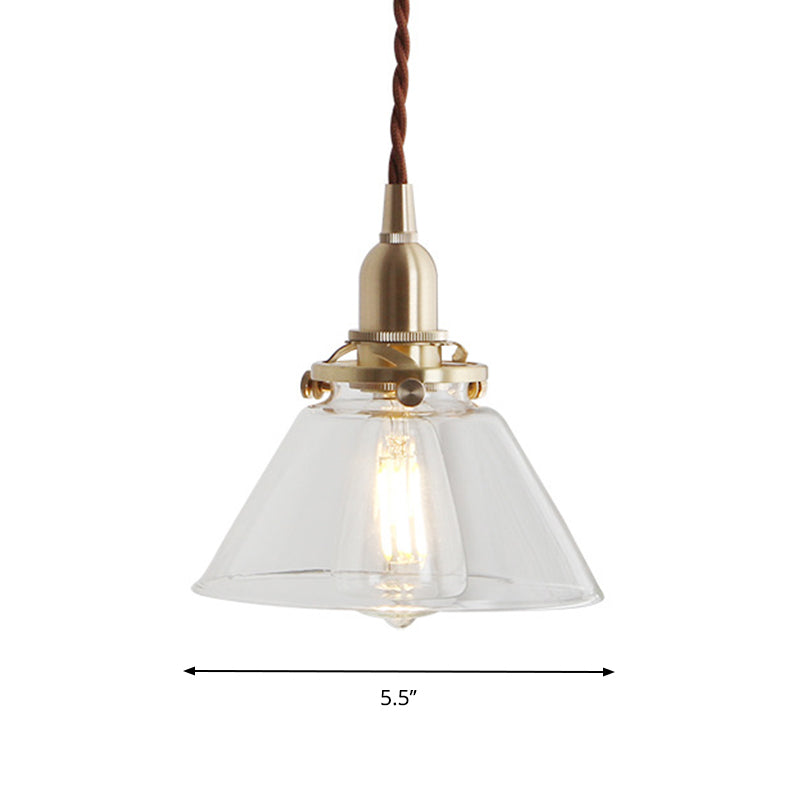 Clear Sleek/Ribbed Glass Brass Pendant Lamp Cone 1 Light Rustic Down Lighting for Dining Room