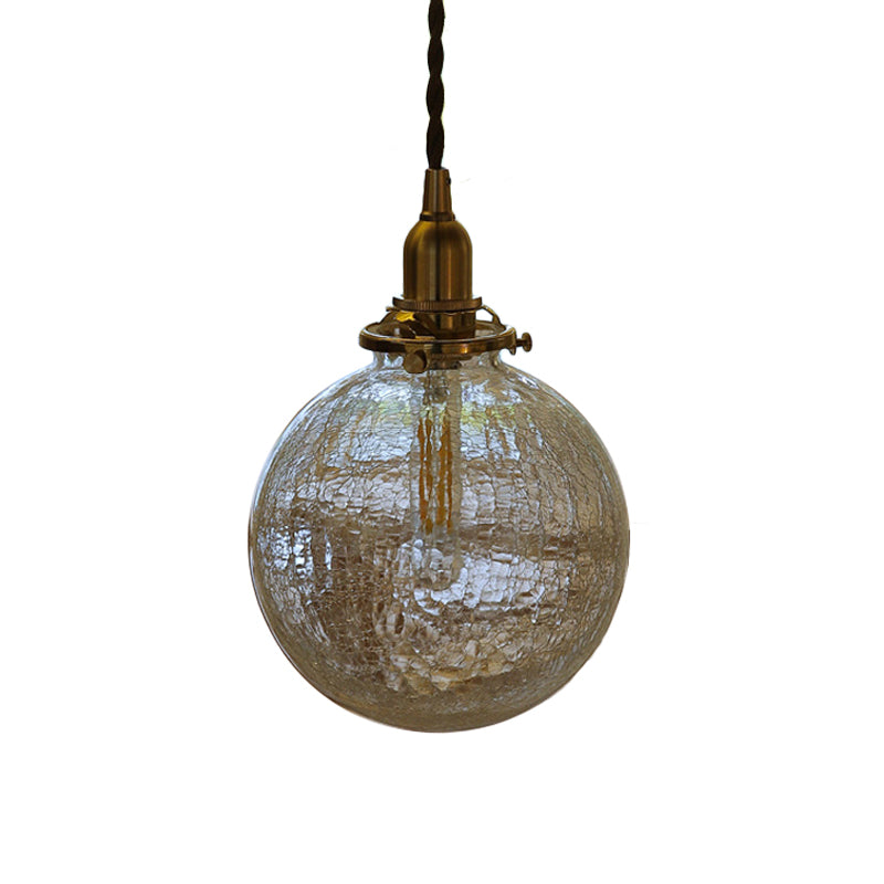 1-Bulb Clear Crackle Glass Drop Pendant Minimalist Brass Ball Washroom Suspended Lighting Fixture