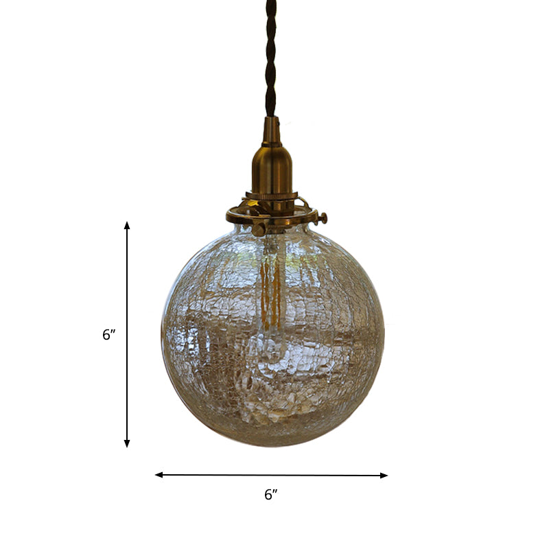 1-Bulb Clear Crackle Glass Drop Pendant Minimalist Brass Ball Washroom Suspended Lighting Fixture