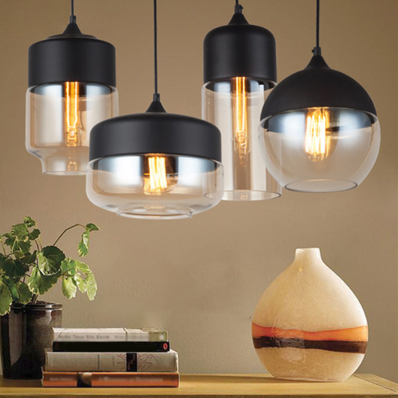 Black 1 Light Pendant Light Fixture Industrial Clear Glass Cylinder/Globe Mason Jar Hanging Lamp Kit over Table