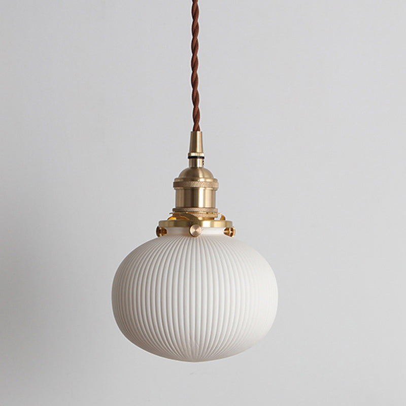 Rustic Ribbed Capsule/Ellipse Drop Pendant Single Bulb Ceramics Ceiling Hang Light in White and Brass