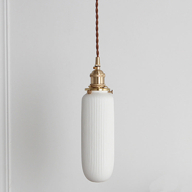 Rustic Ribbed Capsule/Ellipse Drop Pendant Single Bulb Ceramics Ceiling Hang Light in White and Brass