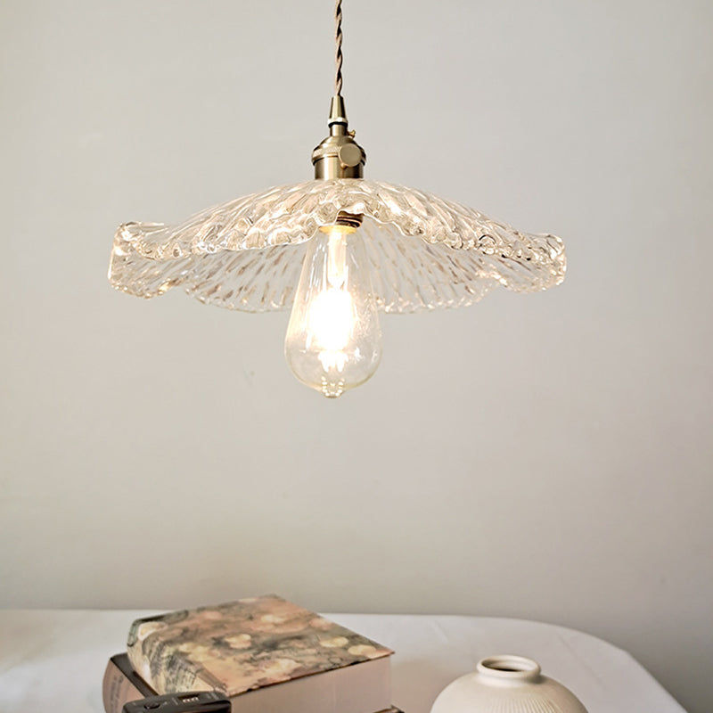 Single Lotus Leaf Shaped Pendant Lamp Farmhouse Brass Clear Carved Glass Hanging Light over Dining Table