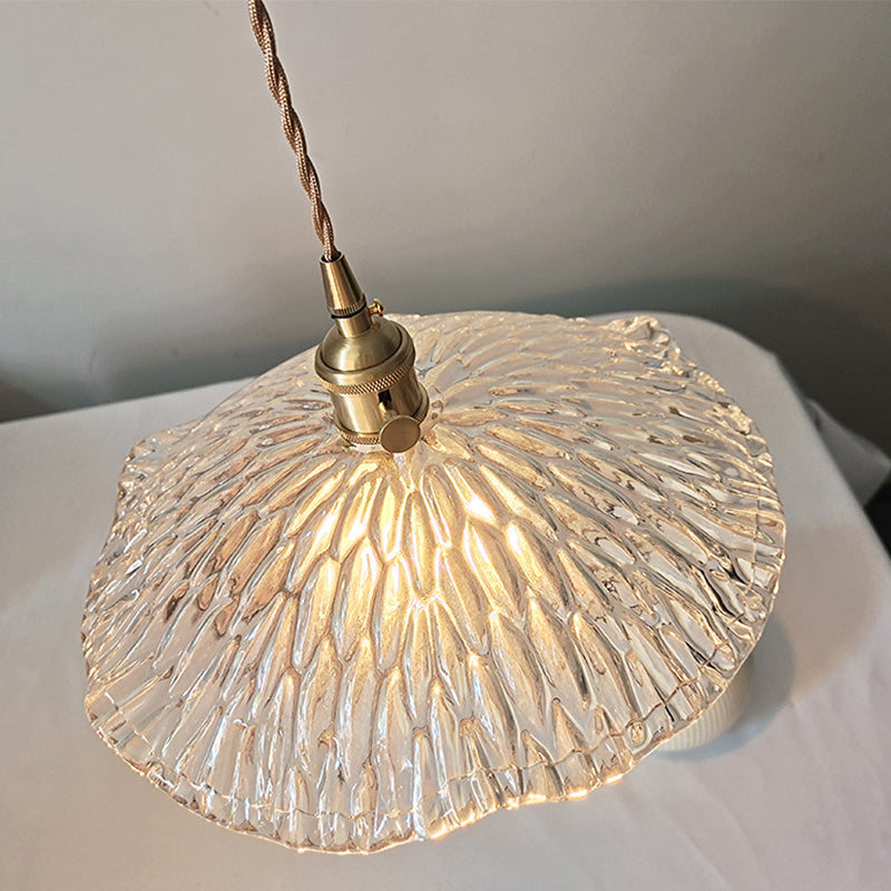 Single Lotus Leaf Shaped Pendant Lamp Farmhouse Brass Clear Carved Glass Hanging Light over Dining Table
