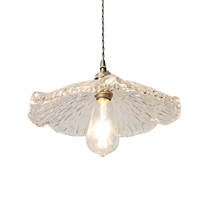 Single Lotus Leaf Shaped Pendant Lamp Farmhouse Brass Clear Carved Glass Hanging Light over Dining Table
