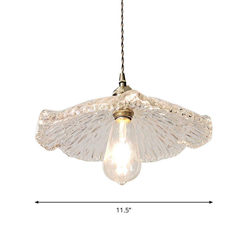 Single Lotus Leaf Shaped Pendant Lamp Farmhouse Brass Clear Carved Glass Hanging Light over Dining Table