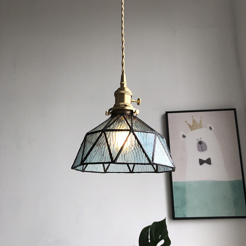 Blue/Clear Textured Glass Brass Pendant Faceted Barn Shaped 1 Light Country Style Hanging Ceiling Light