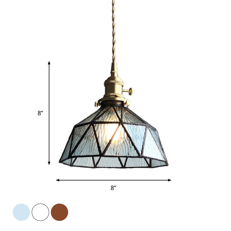Blue/Clear Textured Glass Brass Pendant Faceted Barn Shaped 1 Light Country Style Hanging Ceiling Light