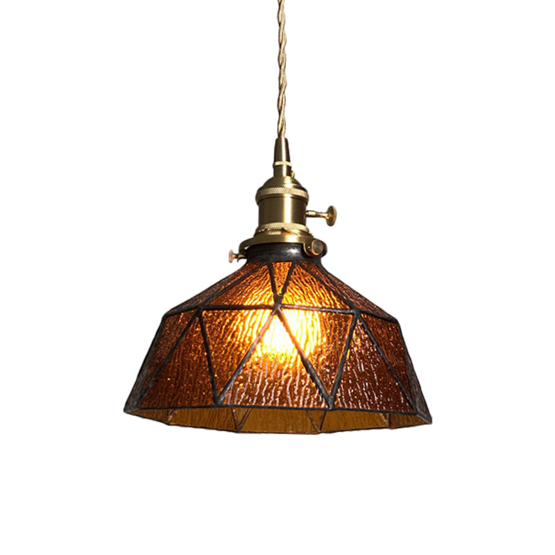 Blue/Clear Textured Glass Brass Pendant Faceted Barn Shaped 1 Light Country Style Hanging Ceiling Light