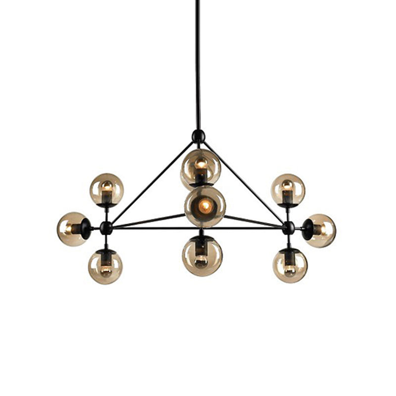 Black Pyramid Frame Chandelier Loft Style Metal 10/15-Light Living Room Pendant Light with Ball Tan Glass Shade