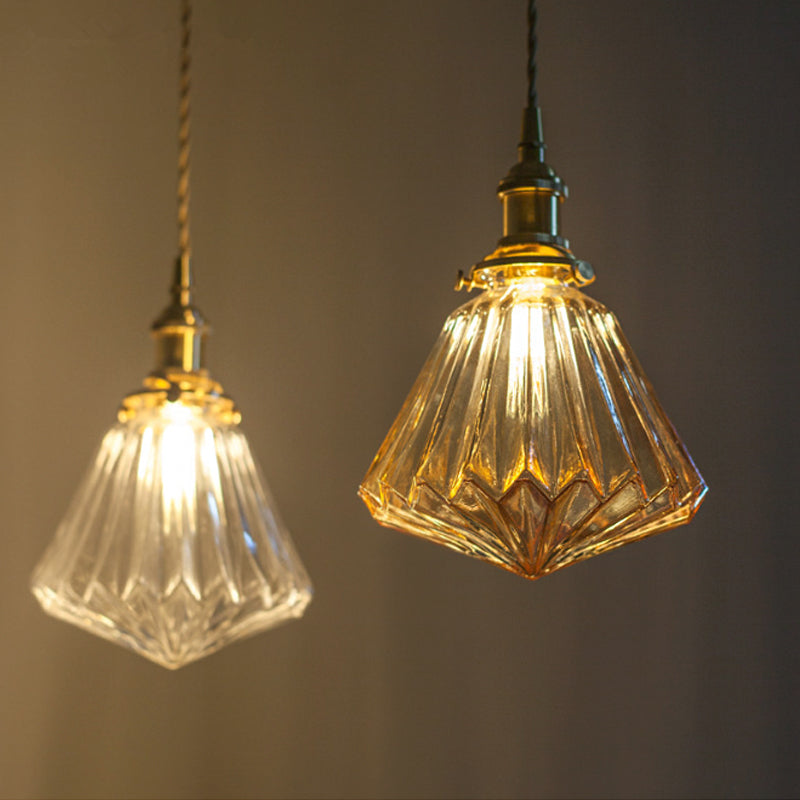 1-Light Ridged Cone Drop Pendant Rustic Brass Brown/Clear Glass Ceiling Hang Lamp with Pointed Bottom