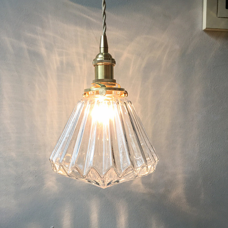 1-Light Ridged Cone Drop Pendant Rustic Brass Brown/Clear Glass Ceiling Hang Lamp with Pointed Bottom