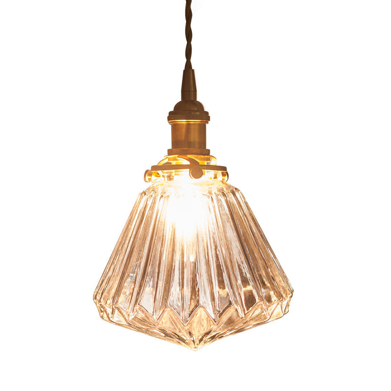 1-Light Ridged Cone Drop Pendant Rustic Brass Brown/Clear Glass Ceiling Hang Lamp with Pointed Bottom