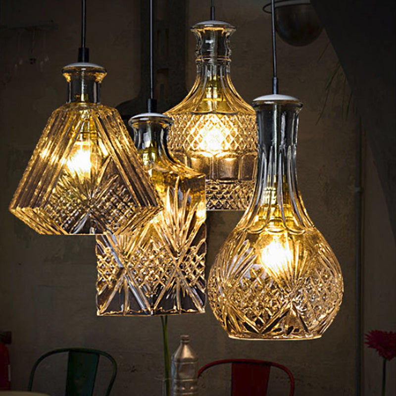 Clear Glass Wine Decanter Pendant Lamp Loft Single-Bulb Kitchen Bar Hanging Light Fixture in Black