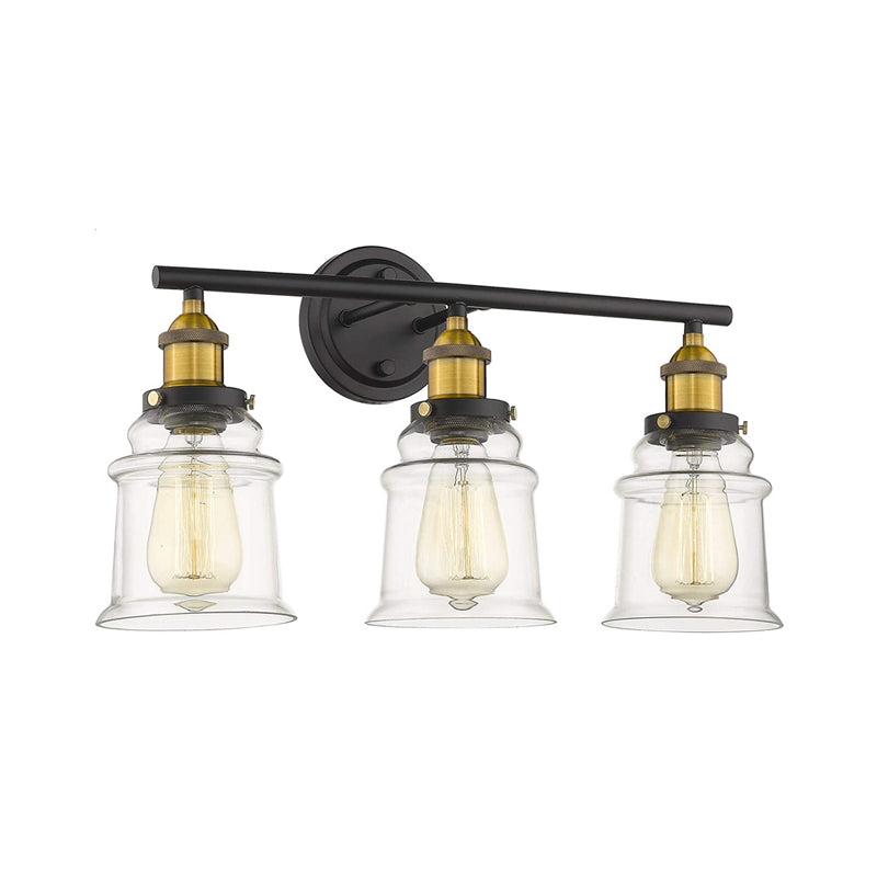 3-Head Vanity Light Industrial Linear Iron Wall Mounted Lamp with Diamond Cage/Cylinder Clear Glass in Black