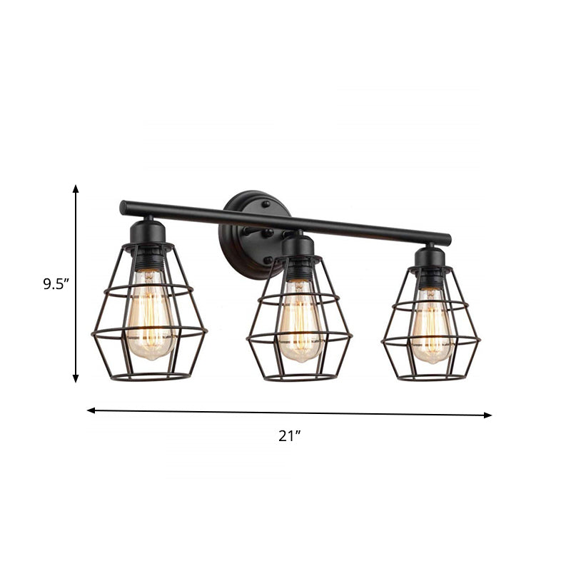 3-Head Vanity Light Industrial Linear Iron Wall Mounted Lamp with Diamond Cage/Cylinder Clear Glass in Black